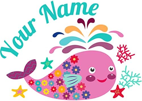 Персонализирани Ѕидови Налепница За Име На Девојка Со Пријателски Цветни Насмеани Китови, Алги И Морски Ѕвезди во Океанот За