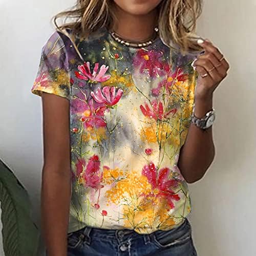 Бранч блузи за жени кратки ракави екипаж глуварче диво цвеќиња Дејзи, цветни печатени врвови, дами реклами