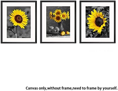 Црна жолта сончогледна wallидна уметност - модерна цветна постерска цвеќиња платно сликарство домашна канцеларија декорација wallидна