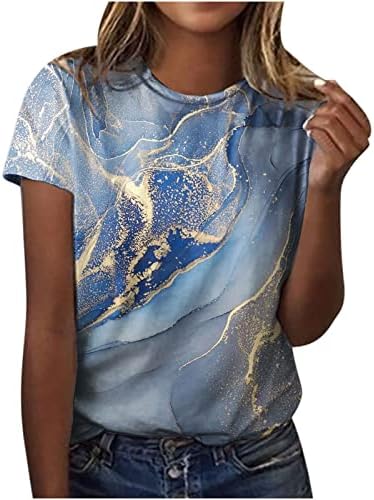 Дами бродски врат -маица обични врвови маици со кратки ракави мермер графички есен летен маица 2023 облека LZ