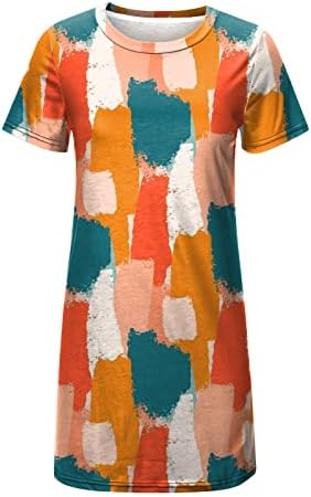 Дами обични фустани во боја блок совпаѓање на кратки ракави миди фустан лето лабава екипа на забавен фустан