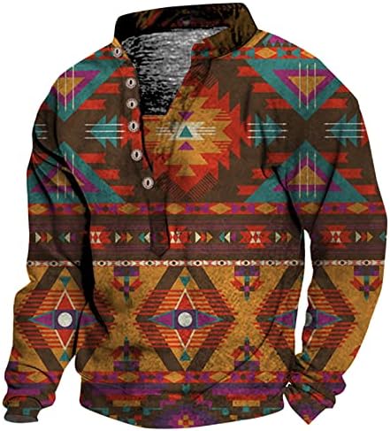 Fireero Men Western Aztec Printing Sweatshirt Masshirt Mase Down V-врат џемпер штанд јака 6 копче гроздобер пулвер врвот на врвот