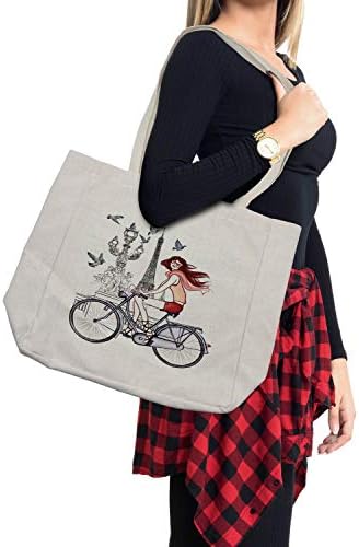 Торба за купување торба Амбесон Ајфел кула, илустрација на жена на мостот Александар III во Париз, возејќи велосипед, еколошка торба за