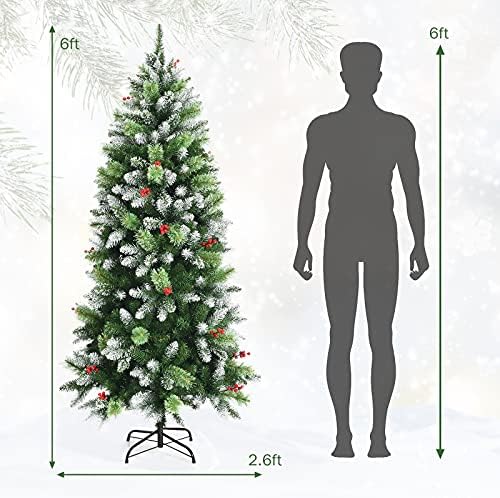 Goplus 6ft молив новогодишно дрво, вештачко тенок дрво со испрскана снег, метален штанд, два вида совети и црвени бери кластери, шарка нелитно