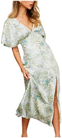 ЛМДУДАН лето макси фустан секси длабок в-врат-врат бохо цветни печати со кратки ракави фустани со високи половини со половината, вечерните