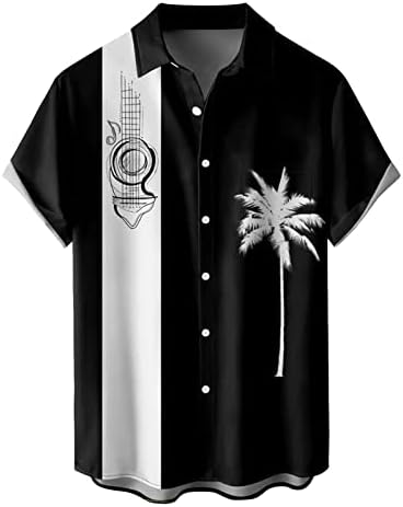 ZDDO Хавајски боречки кошули за мажи, копче за кратки ракави надолу ретро музика печати лепенка летна кошула на плажа летна кошула