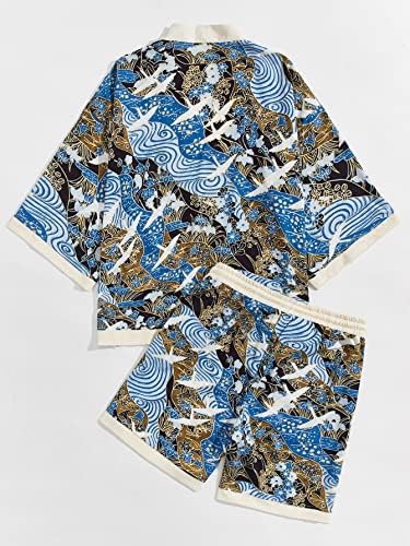 Машка облека за мажи со 2 парчиња печатени кимоно врвови со поставени шорцеви за влечење