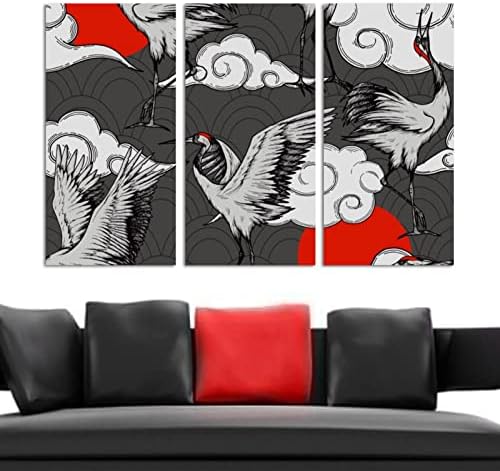 Wallидна уметност за дневна соба, масло сликарство на платно големи врамени јапонски кранови облаци и црвено сонце уметнички