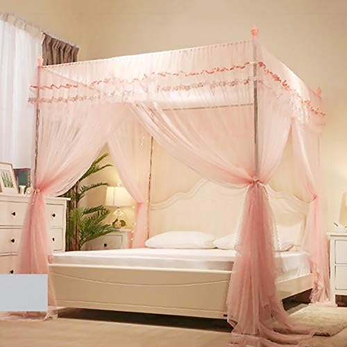 ASDFGH криптирање слетување принцеза кревет крошна, европски стил 4 агли по кревет крошна завеси деца комарци мрежи, три отвори-розови 200x220cm