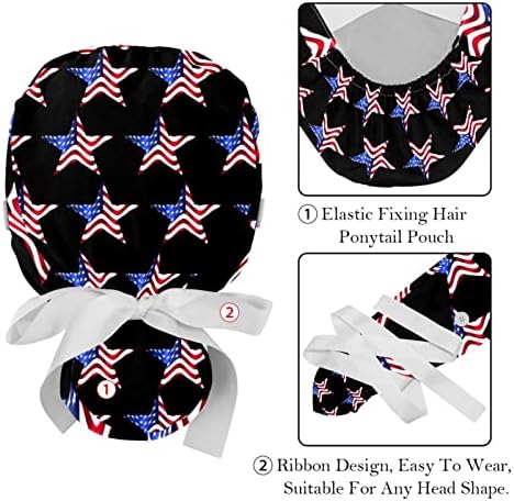 Медицински капи на Лорвис за жени со копчиња долга коса, 2 парчиња прилагодливо работно капаче, американски знамиња со разнобојни