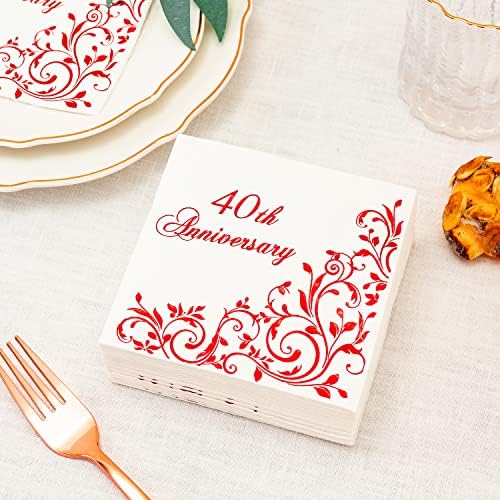 Криска црвена 40-годишнина од салфетки за коктел за декорација на свадбени венчавки, десерт за салфетки за пијалоци со 3-парчиња за еднократна