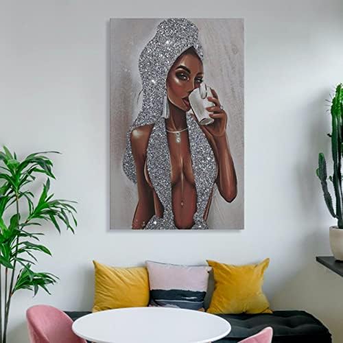 Афроамериканец Црна жена сребрена сјај со текстура на платно за печатење на платно плака за печатење на wallидни уметности за wallидни