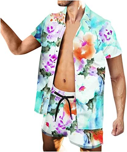Машки цветни кошули шорцеви 2 парчиња сет на Хаваи Ховаи Ховаи, лежерна лежерна кратка ракав лапел кардиганска блуза врвови на плажа