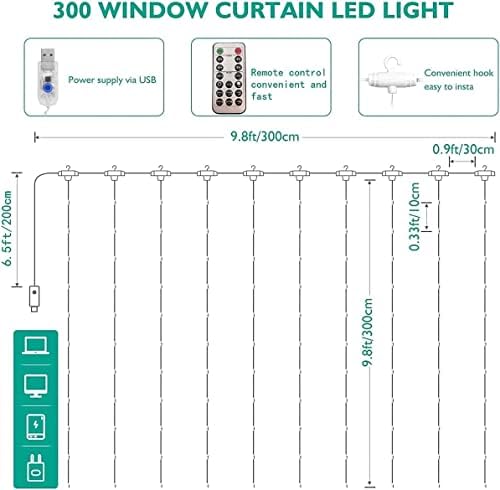 Yiwoop USB 300 LED завеса светла со далечински управувач 9.8ftx 9.8ft 8 режим Декоративни wallидни прозорец жици светла топло бело