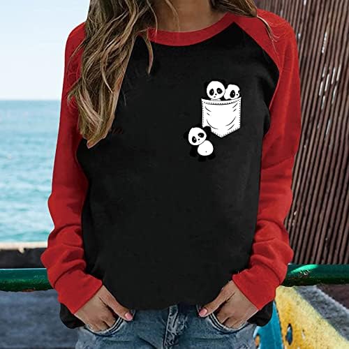 Панда пулвер врвови за жени со долги ракави во боја блок панда кошули за печатење Симпатична екипаж маица обична скокачка блуза