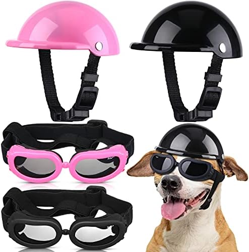 Парчеста 4 парчиња 4 инчи ПЕТ ДОГ Шлем и очила поставени кациги со моторцикли за миленичиња и очила за сонце од кучиња Безбедносна