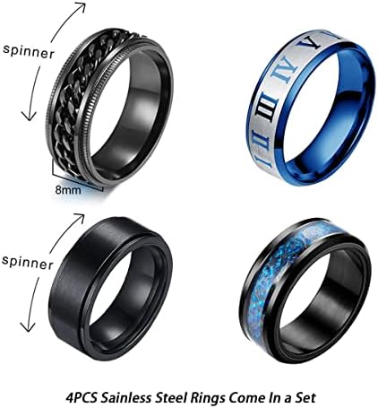yfStyle 4pcs обичен опсег прстени за мажи прстени од не'рѓосувачки челик за мажи Свадба прстен кул вртења прстени за мажи црн прстен