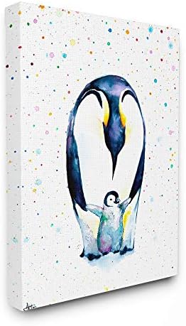 Колекцијата за декорирање „Ступел дома“ акварел Полка точка распрскувач пингвин мама и бебе семејство истегната платна wallидна уметност, 16х20,