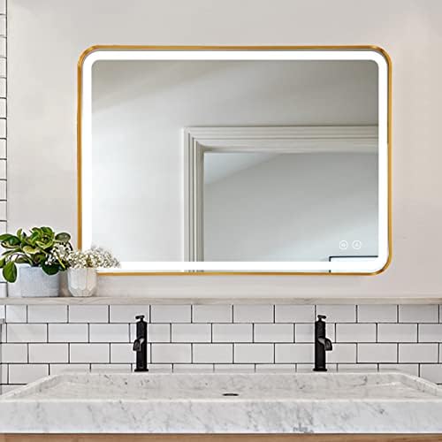 Огледало За Бања Предводено од ники, 30 х22 Правоаголни Огледала За Суета Поставени На Ѕид Со Метална Рамка, Паметно Огледало Против Магла За Бања/Спална