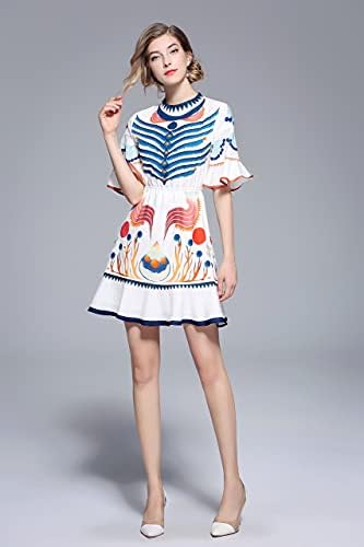 Lai Meng Five Five Cats luationенски летен ракав за ракав со v-врат за цветна печатење во секојдневен замав мини фустан