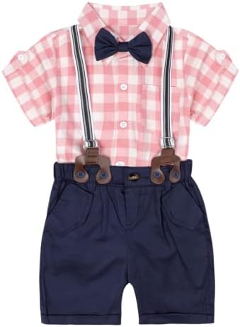 Egelexy Toddler Baby Baby Boys Gentleman Outfits кратка маица за ракави+панталони со биб+лак вратоврска 3 парчиња