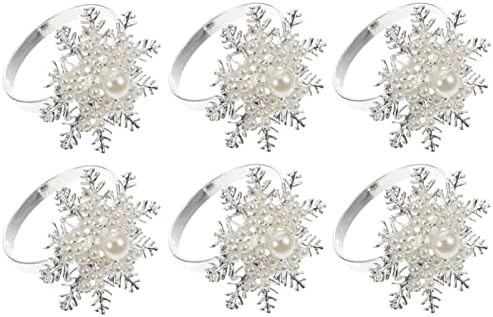 Божиќна снегулка од салфетка прстен сребро: држач за салфетка од бисери од рибиња 6 парчиња салфетки за салфетка за свадбени празнични трпезариски