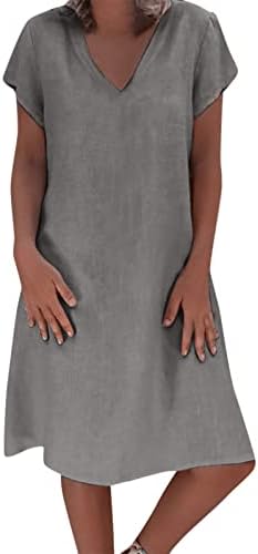 Fragarn женски обичен печатен фустан со должина на коленото V-врат пулвер лабав фустан со краток ракав