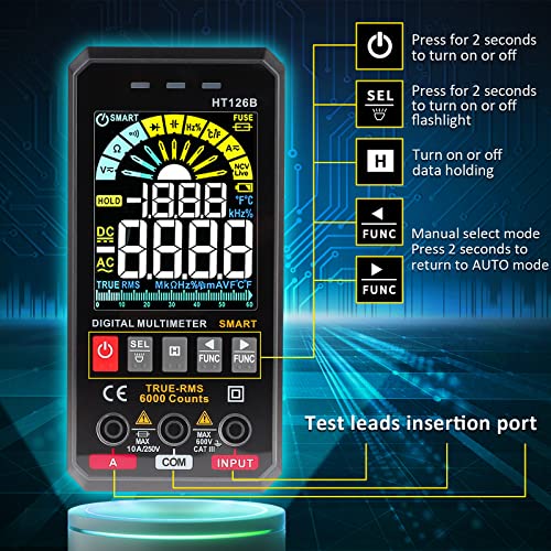 HomelyLife Digital Multimeter Tester Smart Auto Auto Ranging 6000 брои TRMS волтметар во боја LCD екран Електрични мерки на електрична струја на