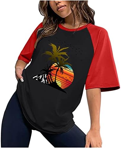 Плус големина на врвови за жени Raglan блок во боја краток ракав екипа на плажа зајдисонце печати лабава фит блуза облечена обична