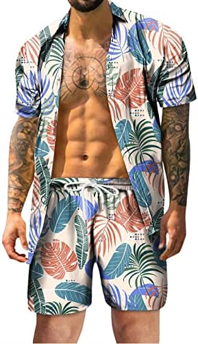 2 парчиња облека Облеки за мажи плус големина Цветна хавајска кошула и кратки сетови модни празници мускулни маици костуми