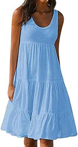 Womenенски плажа мини фустан моден цврст бои руфли помска маица фустан летен без ракав лабава лежерна салон за одмор