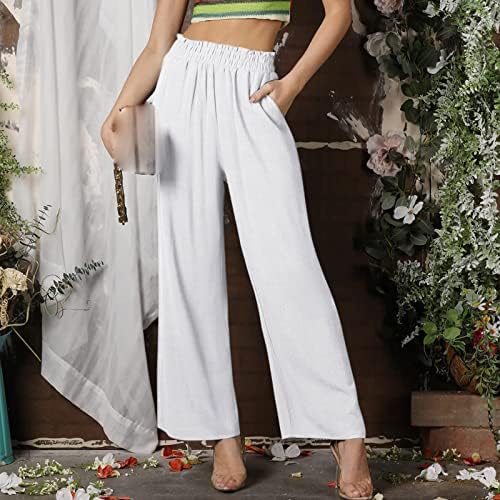 Женски обичен еластичен половината удобна широка памучна лента панталони со џебови жени лето палацо лабава јога танцува панталони
