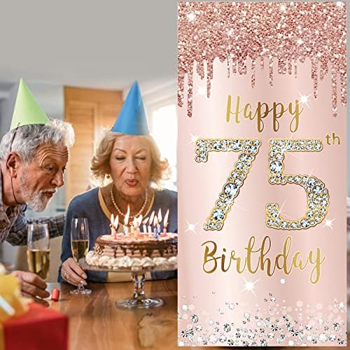 75 -ти роденденски украси врата банер за жени, розово розово злато среќно 75 роденденски материјал за забава, 75 годишен роденденски постер врата