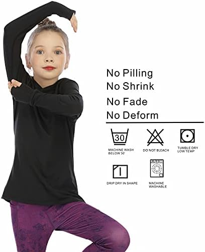 Девојки кошула со долг ракав UPF50+ лесен худи тенок активен тренинг на ТЕЕ Вртено влечење на врвот со палецот со палецот 3-12 години