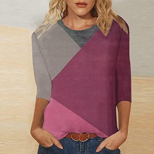 Женски маички со маички трендовски геометриски крпеница во боја печатено тенок фит 3/4 ракави блуза тркалезни врвови на вратот