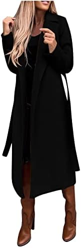 Ров палто жени елегантна цврста боја долга волна палто на волна, измешана лаптолна облека за зимски отворени предни јакни кардиган