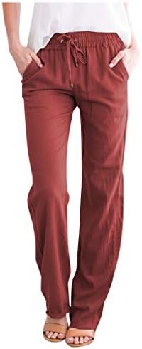 Женски памучни постелнини влечење високи панталони за половини летни палацо панталони обични лабави панталони со широки нозе