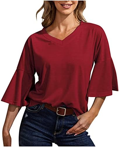 Врвна маичка за дами есен лето кратко полу -bellвоно ракав против вратот памучен бранч лабав вклопување опуштена вклопена обична блуза