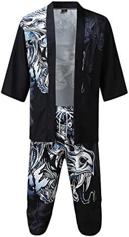 Машки јапонски кимоно кардиган сет стилски лабав отворен преден палто со исечени панталони кинески стил печатени обични костуми