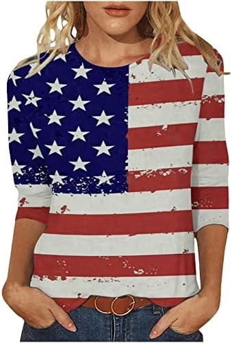 Tuianres Womens America Flag Blag Mirts 2023 Трендовски starsвезди ленти патриотска маичка со маички 3/4 ракав Денот на независноста