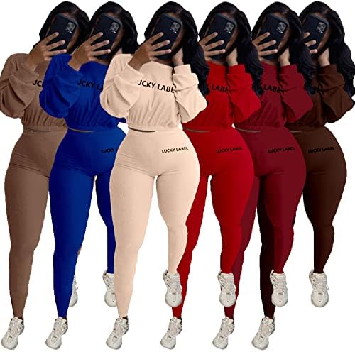 Iymoo Women 2 Piect Облека за потта - сет со долги ракави со ребрести култури + слаби долги панталони