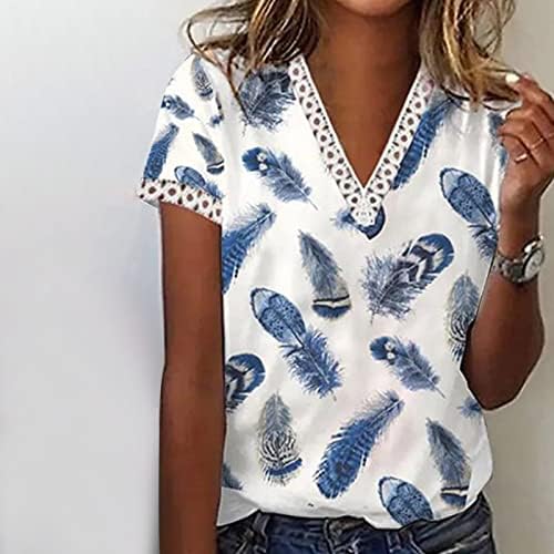 Женски летни летни врвови трендовски печати кратки ракави маица чипка исецка V вратот од тунични кошули, блуза