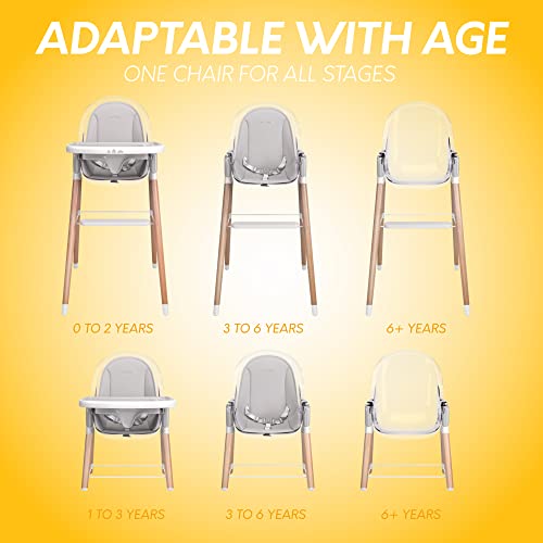 Деца На Дизајн 6 во 1 Делукс Дрвени Висок Стол за Бебиња &засилувач; Мали Деца, Модерен Безбедно &засилувач; Компактен Бебе Столче, Лесно