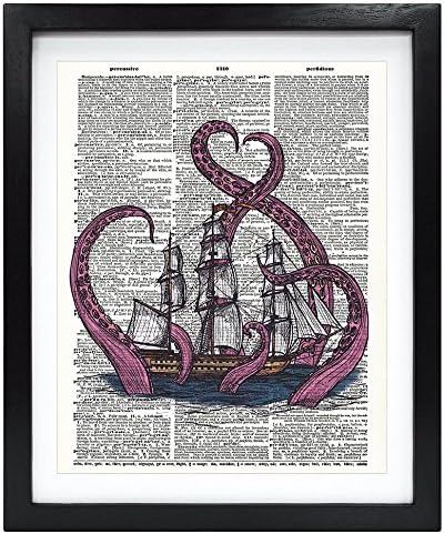 Susie Arts 8x10 Непознатиот Kraken Giant Squid Attack на брод, надграничен гроздобер речник за уметност, уметност за печатење уметност,