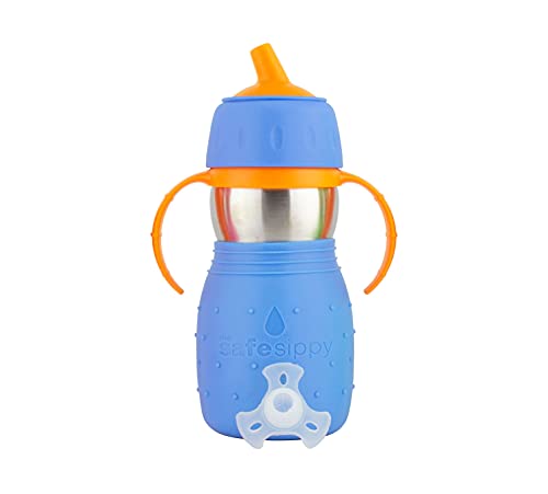 Kid Basix Safe Sippy, чаша од не'рѓосувачки челик за бебиња/мали деца, тркалезна плунка, безбедна машина за миење садови, БПА бесплатно, 11 мл. Патување/училиште/игра сино