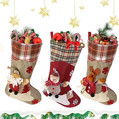Божиќни чорапи на Субао, 3 пакувања Божиќни чорапи со 3Д Санта Снежен човек ирваси за семеен празник Божиќни забави украси Скали камин