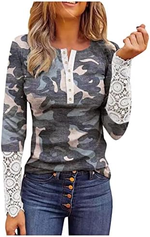 JJHAEVDY копче Тенок врвови за жени печати ребрести долги ракави Хенли маици врвови за обични туники за пулвер кошули