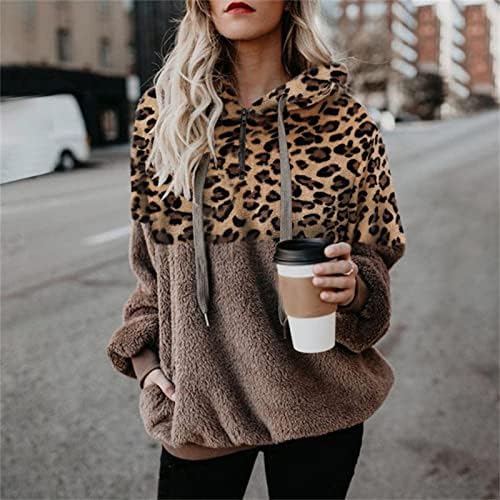 Leopard zip џеб кадифен џемпер за жени вештачки волна патент џебови надвор од облеката дуксерот џемпер леопард зима
