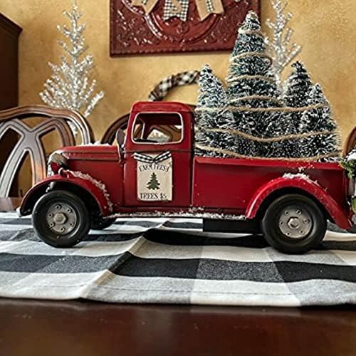 ХЕВИРГО ЦРНА ФАРМ КАМОН со новогодишни елки Божиќни црвени камиони декор фарма куќа гроздобер црвен пикап камион Божиќ минијатурен