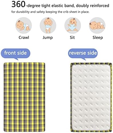 Сиви карирани тематски опремени мини чаршафи, преносни мини креветчиња со меки и затегнати вградени креветчиња за креветчиња за момче или девојче